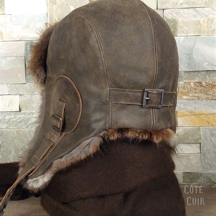 Muskrat Fur Aviator Hat, Brown Leather - Simon Model