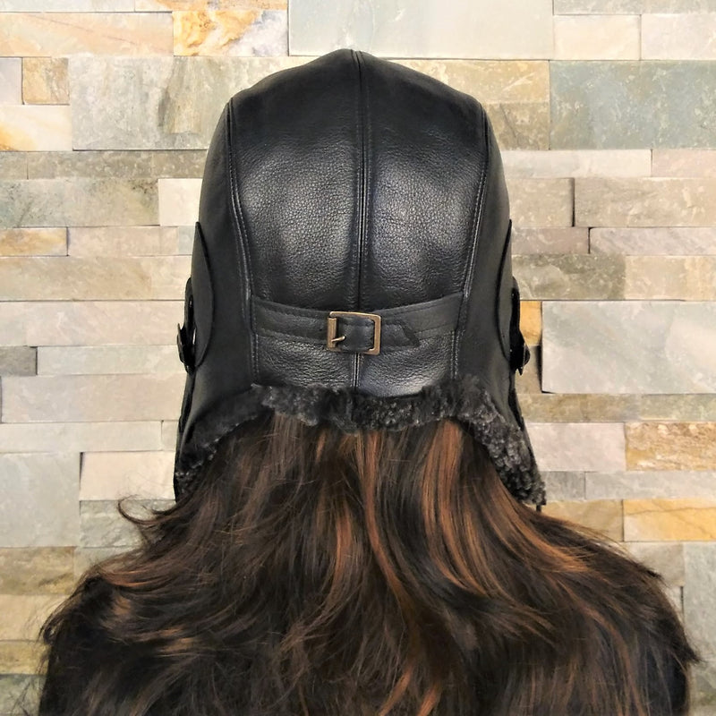 Gray Sheepskin Aviator Hat, Black Leather - Simon Model