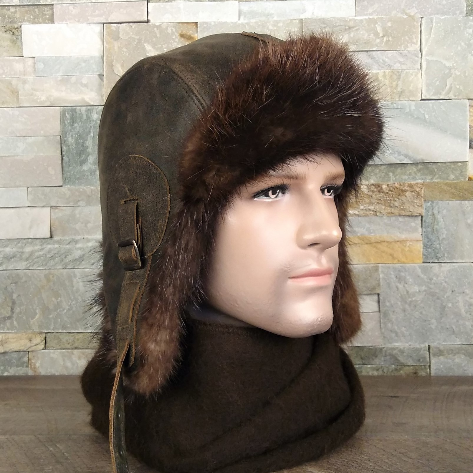 Men's Beaver Fur Trapper Hat Real Fur and Genuine Brown 