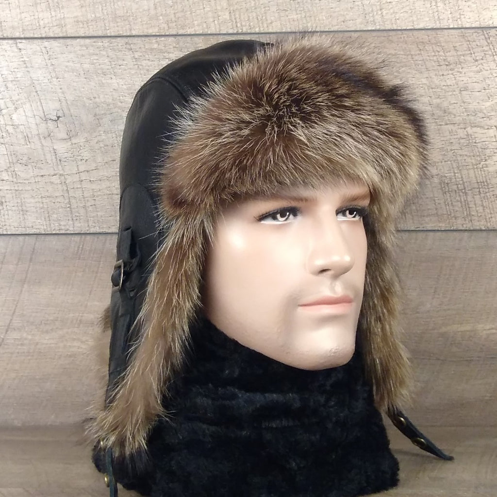 Raccoon Fur Aviator Hat, Black Leather - Simon Model