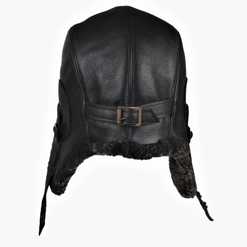 Gray Sheepskin Aviator Hat, Black Leather - Simon Model