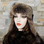 Raccoon Fur Aviator Hat, Tweed and Black Leather - William Model