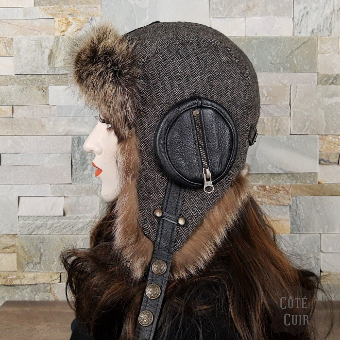 Raccoon Fur Aviator Hat, Tweed and Black Leather - William Model