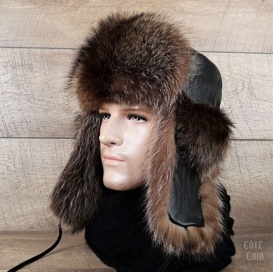 Mens black fur trapper hat
