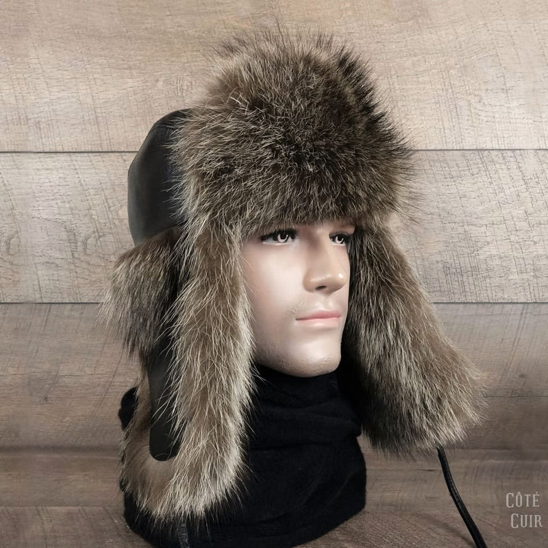 Mens Real Fox Fur Hat Russian Trapper Aviator Hat Real Sheep Leather Cap  Earflap