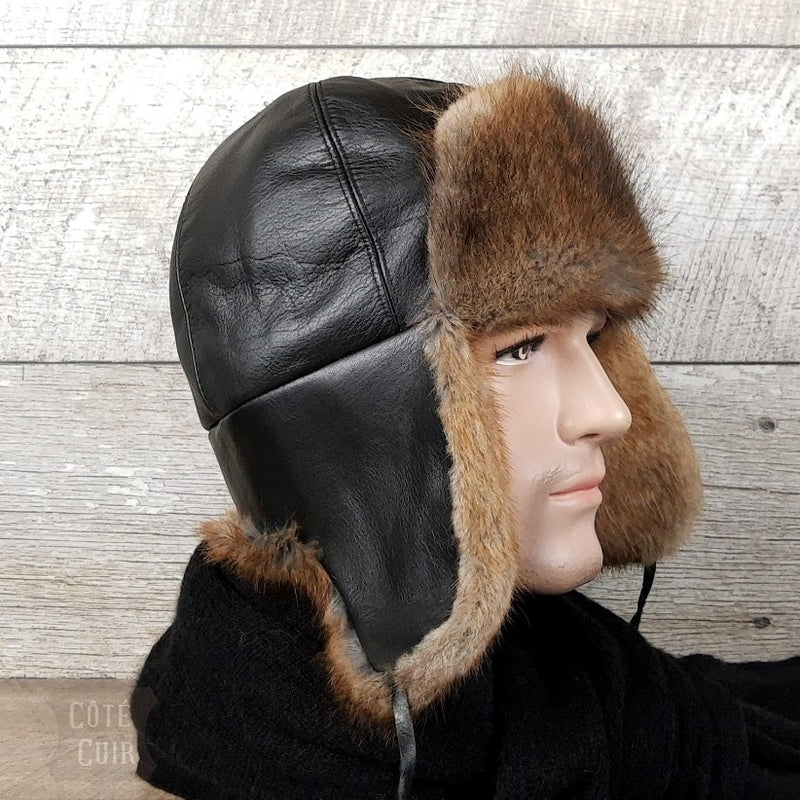 Mens muskrat fur hat and leather