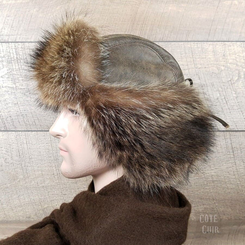 Raccoon fur trapper hat
