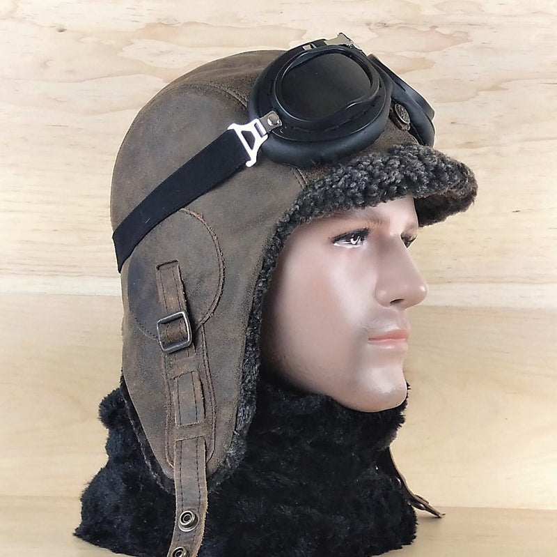Sheepskin aviator hat and goggles