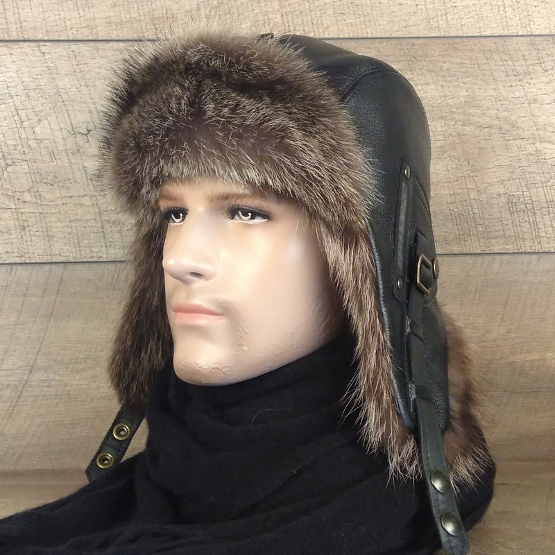 Leather and fur aviator hat 