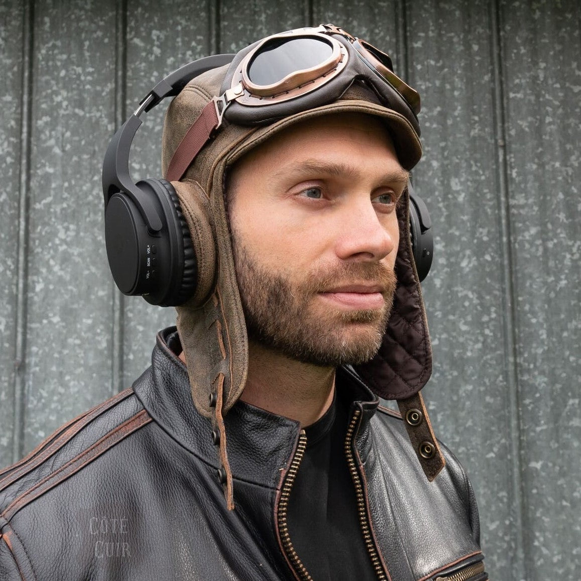 Antique Brown Leather Aviator Hat For Headphones - Henry Model