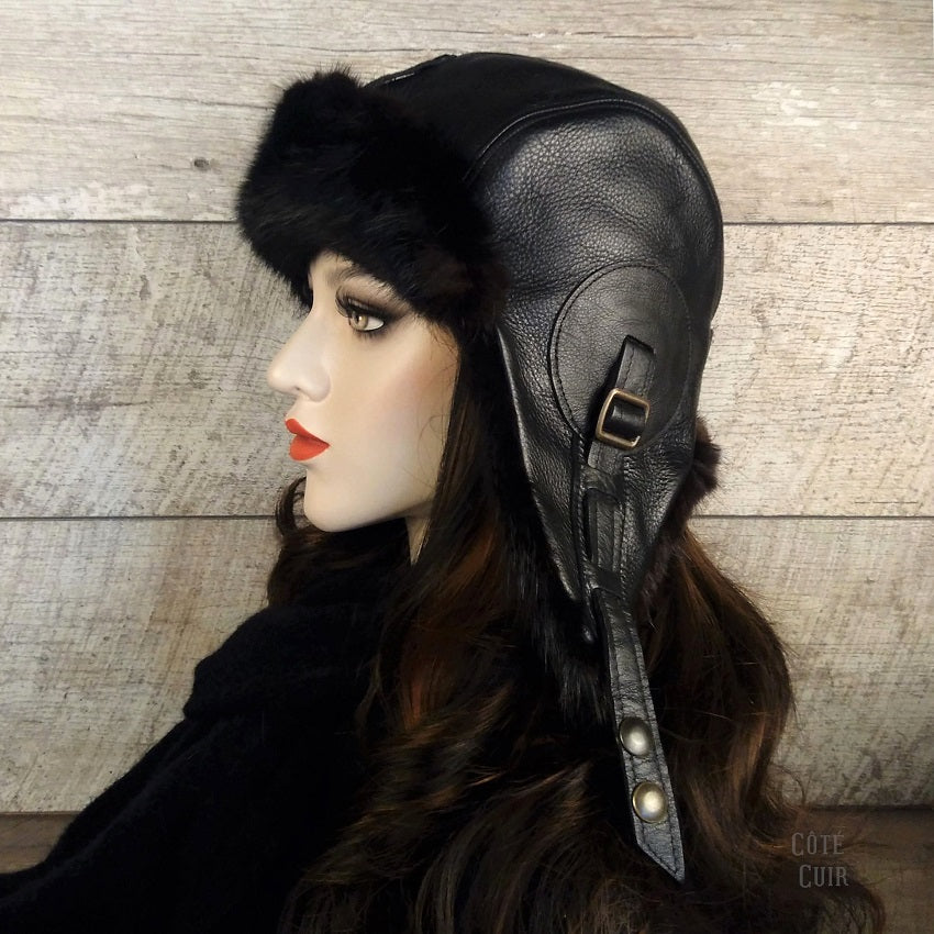 Black mink fur aviator hat