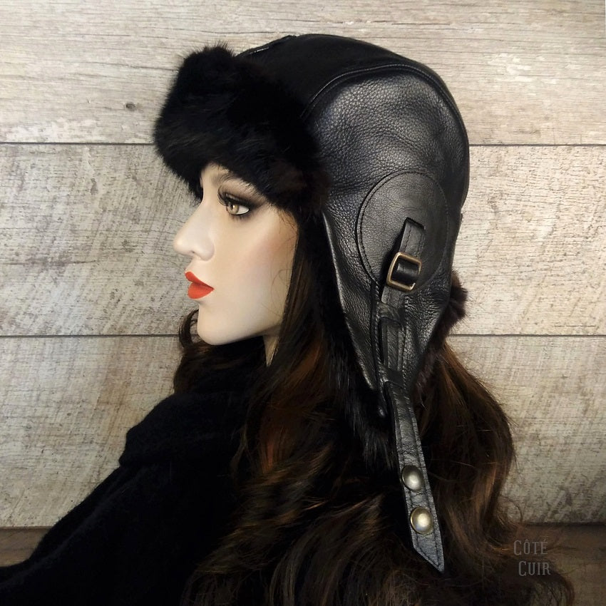 Women's Black Mink Fur Hat | Real Fur Aviator Hat - Cote Cuir XSmall