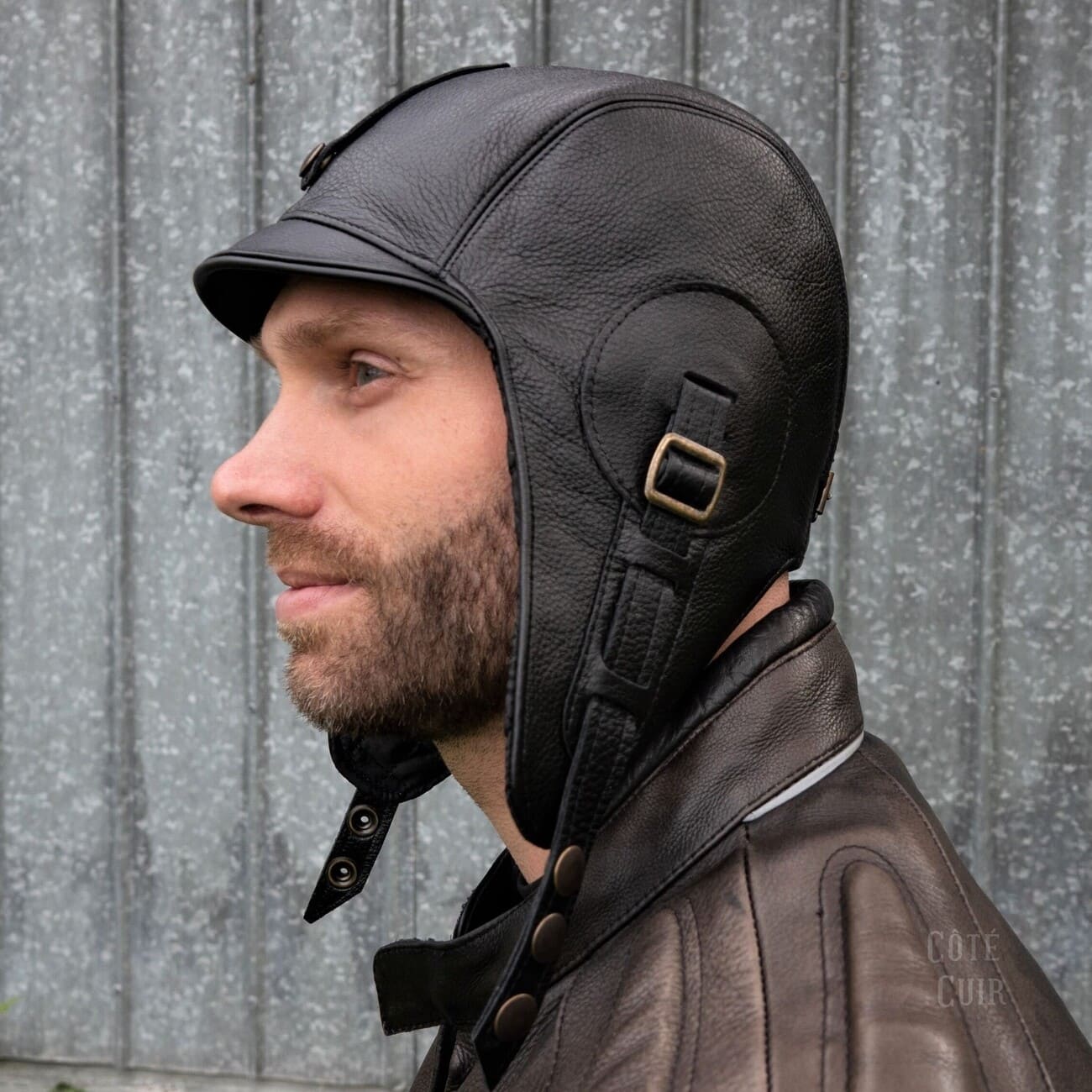 Black leather aviator cap