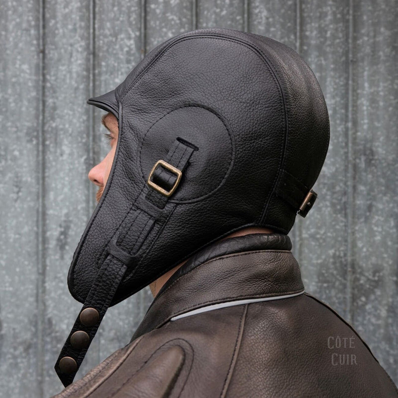 black leather aviator helmet