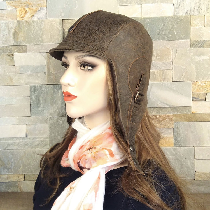 Brown leather aviator hat