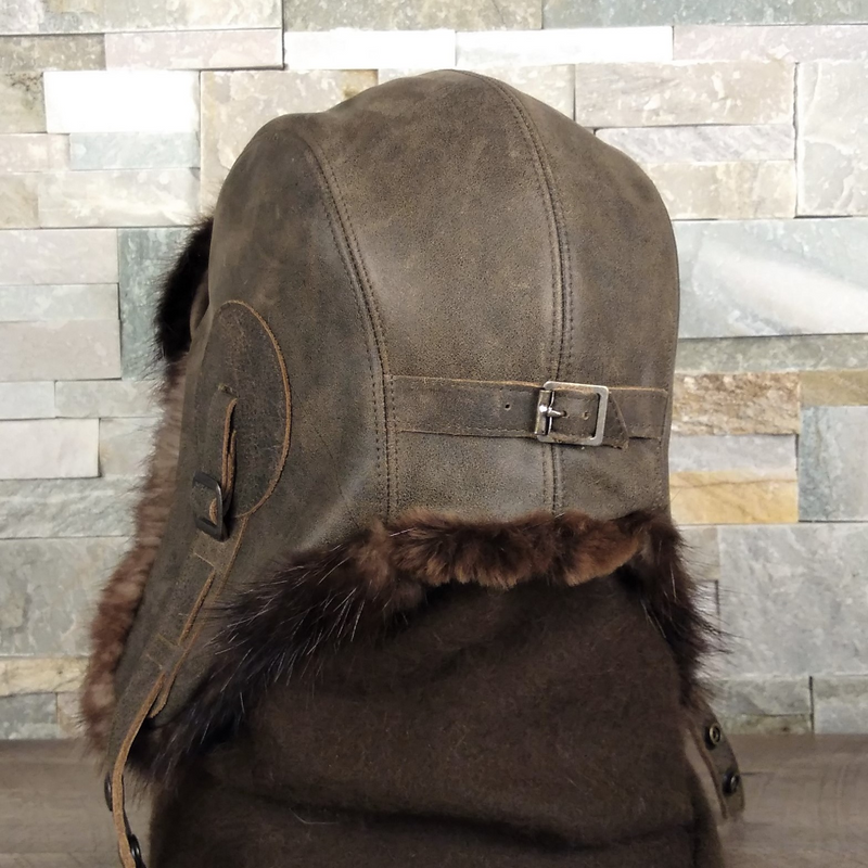 Beaver Fur Aviator Hat, Brown Leather - Simon Model