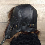 Raccoon Fur Aviator Hat, Black Leather - Antoine Model