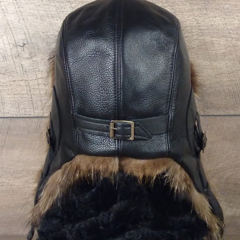 Raccoon Fur Aviator Hat, Black Leather - Simon Model