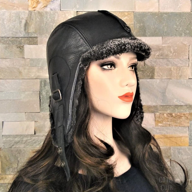 Gray sheepskin aviator hat for women