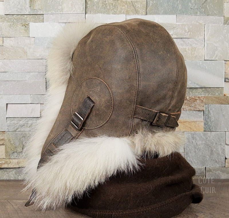 Wolf Fur Aviator Hat, Brown Leather - Simon Model