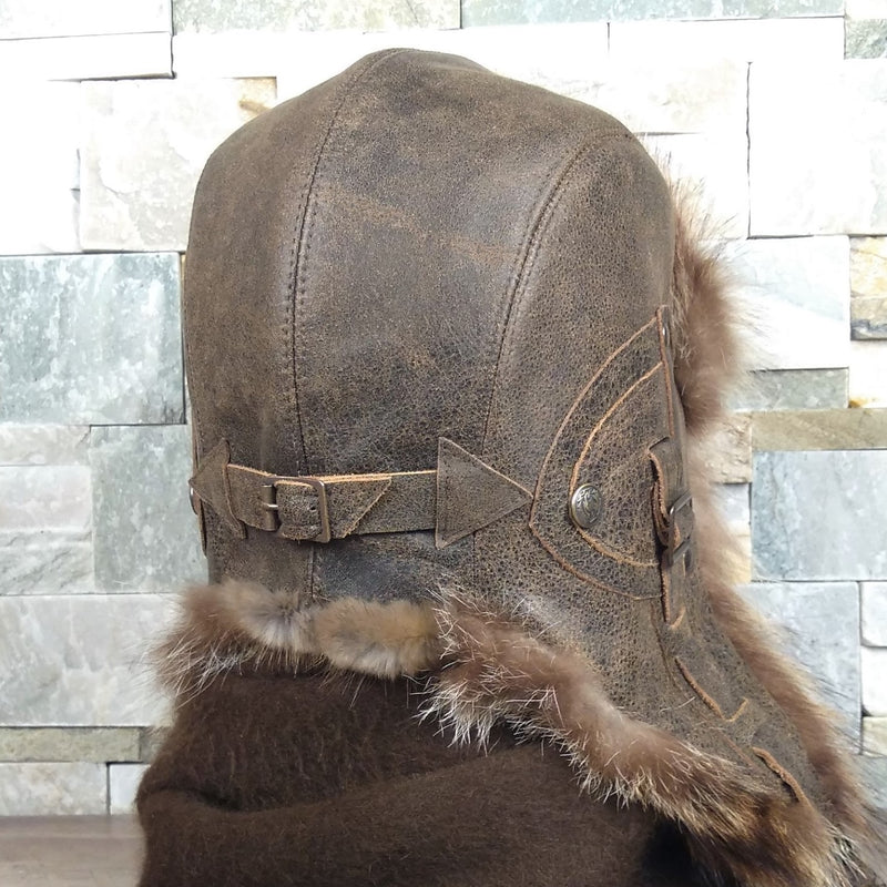 Raccoon Fur Aviator Hat, Brown Leather - Antoine Model
