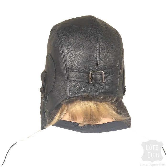 Gray Sheepskin Aviator Hat, Black Leather for Kids - Simon Model