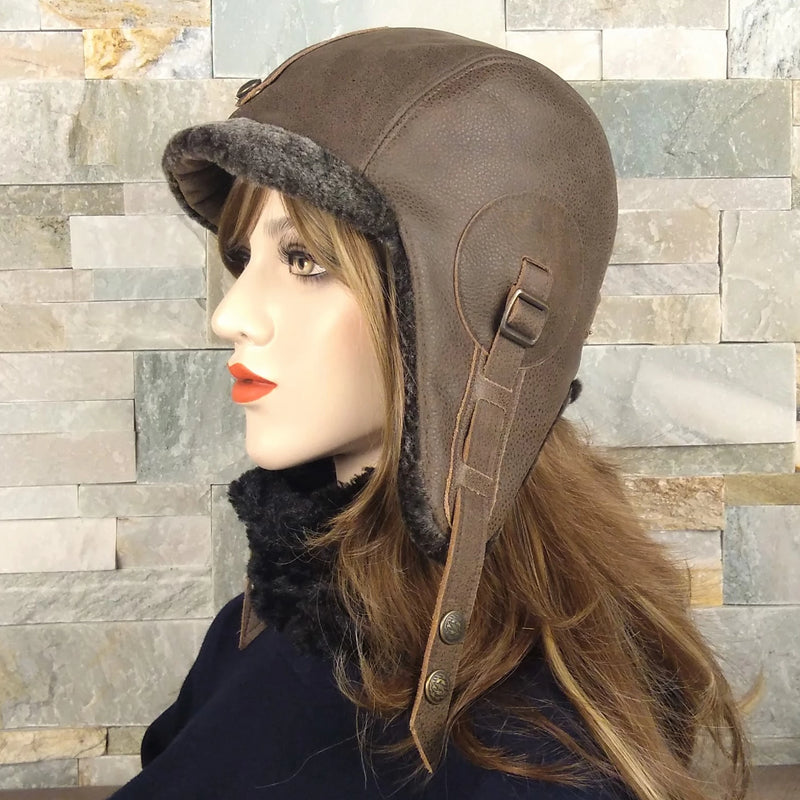 Women's Leather and sheepskin aviator hat 