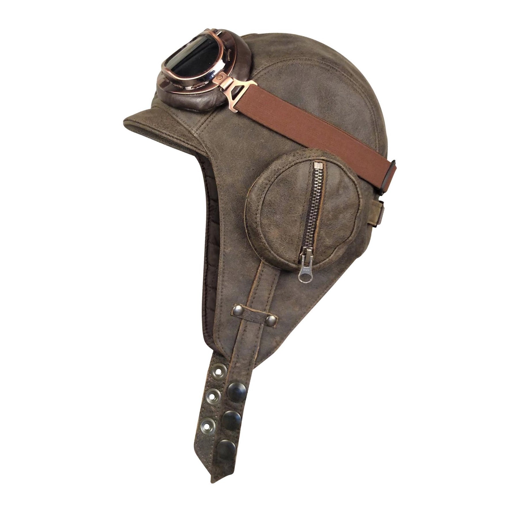 Vintage brown leather pilot hat with goggles