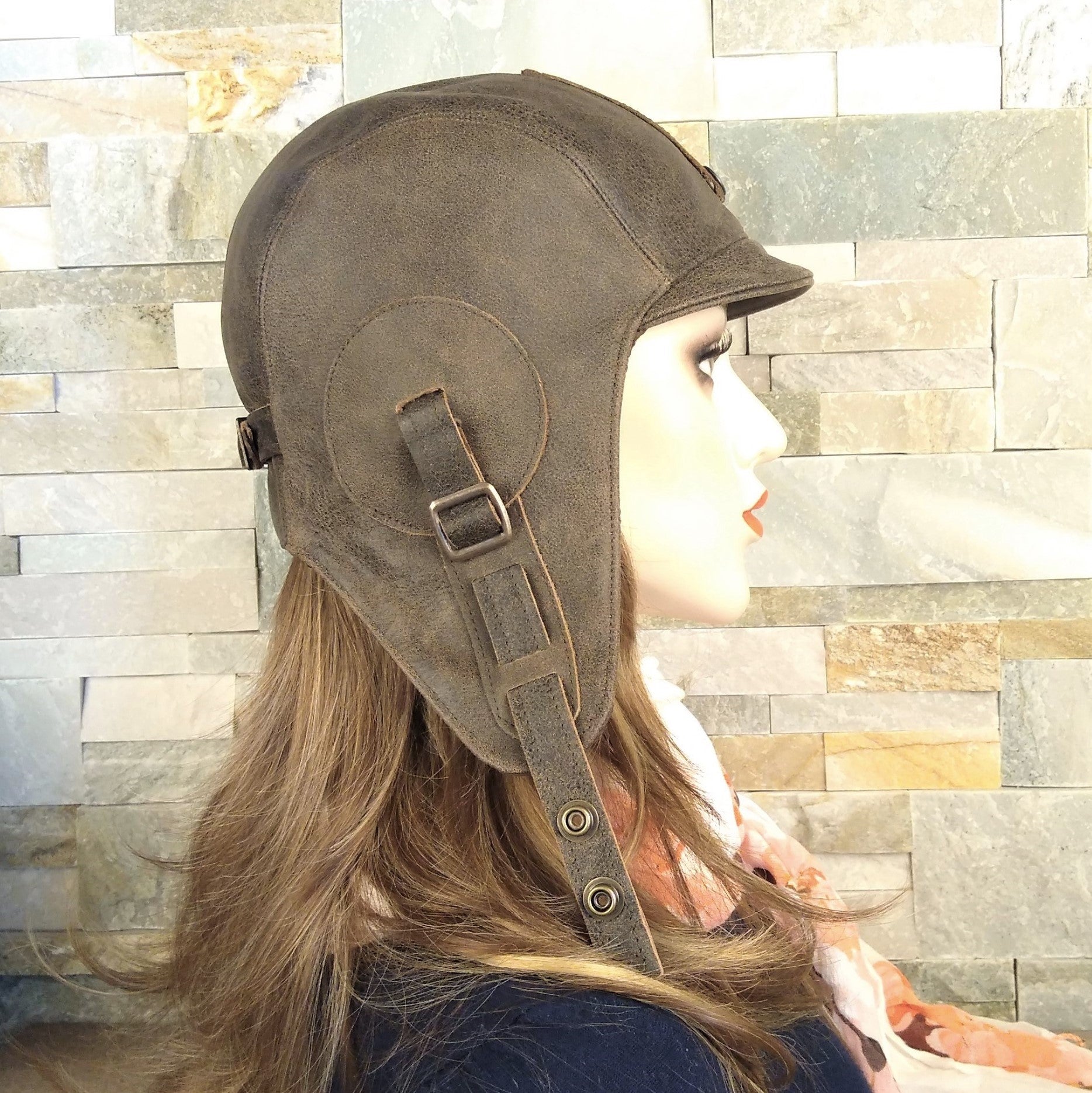 vintage brown leather aviator cap