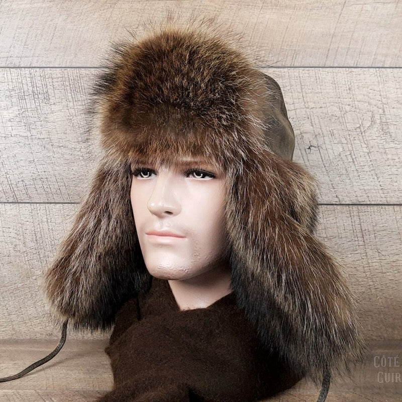 Raccoon Fur Trapper Hat, Brown Leather