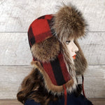 red and black ckeck fur trapper hat