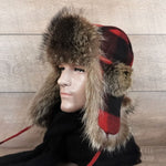 Red and black check fur trapper hat