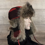 Red and black ear flaps fur hat