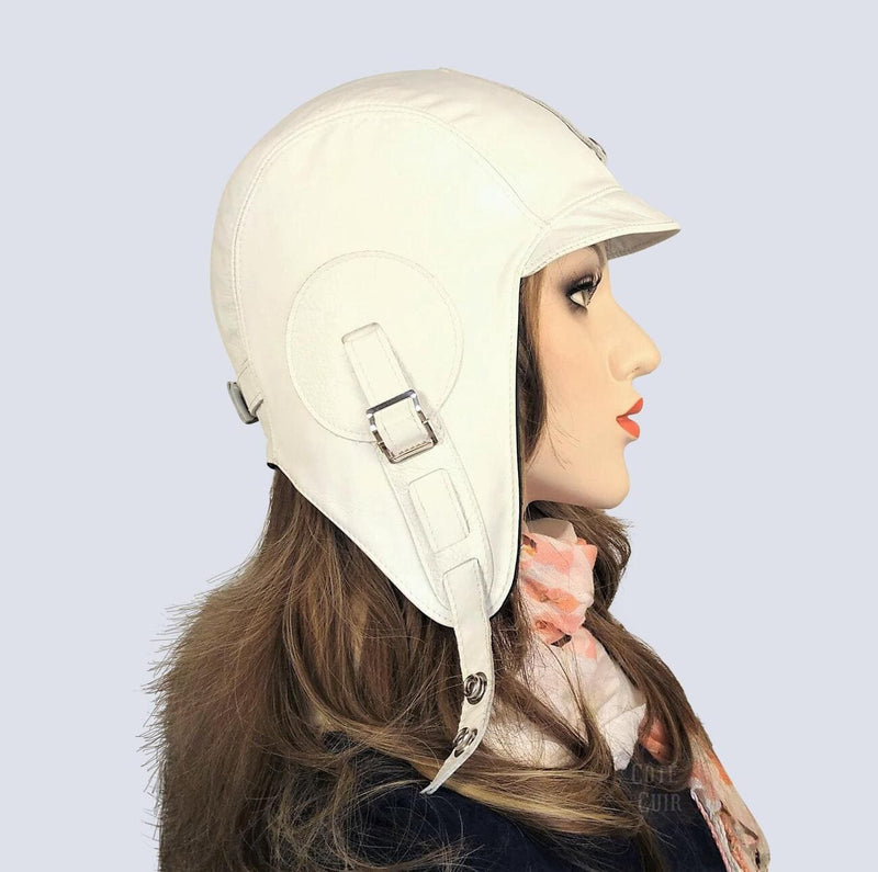 White Leather Aviator Hat - Simon Model
