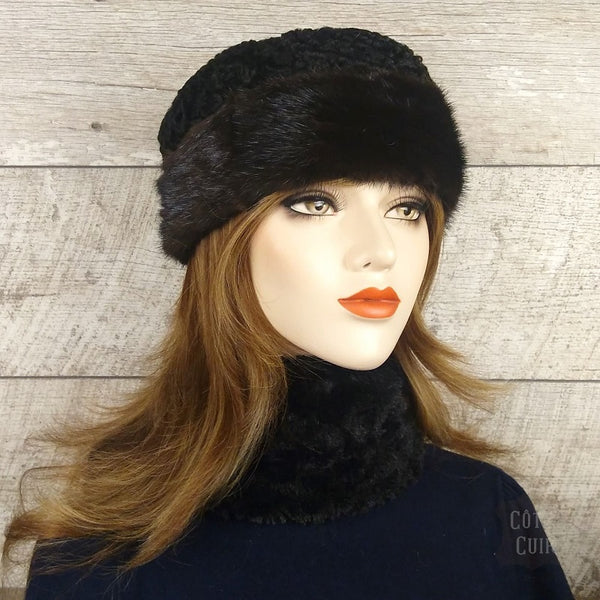 Black Mink Fur Hat For Women Fur Bob Hat Cote Cuir Cote Cuir Leather